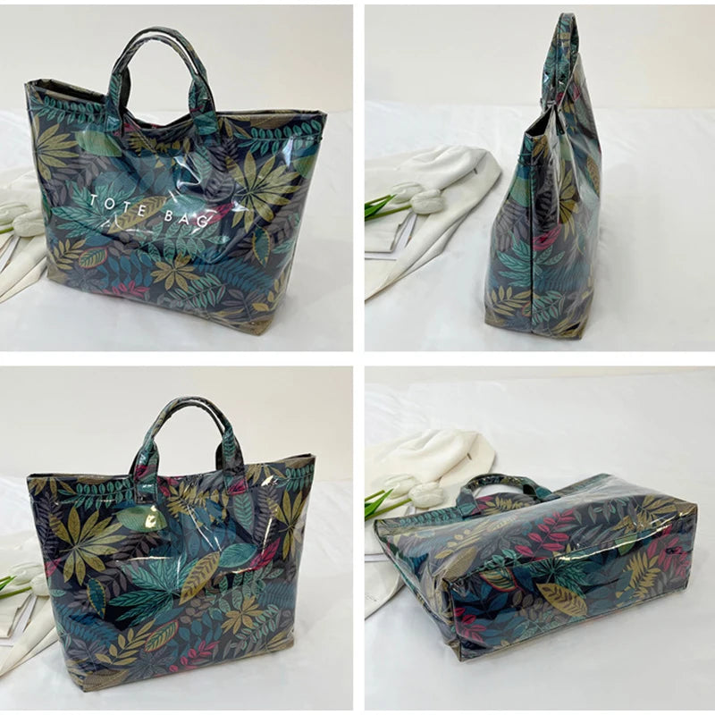 Leaf Print Handbag Pvc Fashion Transparent Waterproof Fashion High-end Shoulder Bag Large Capacity Commuter Tote Bag Shop Bag