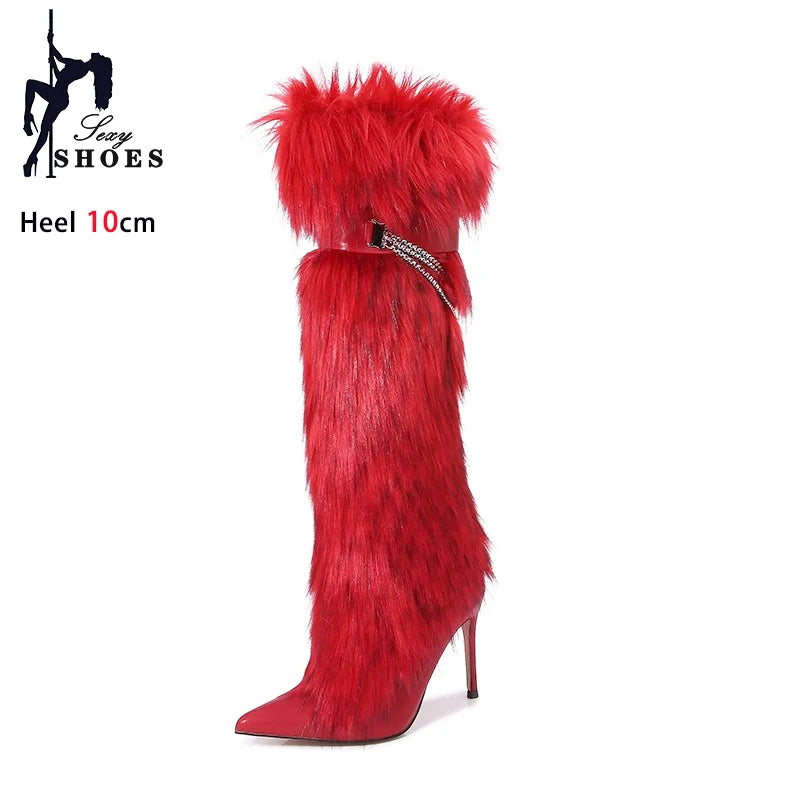 Elegant Faux Fur Knee High Stiletto Boots for Women