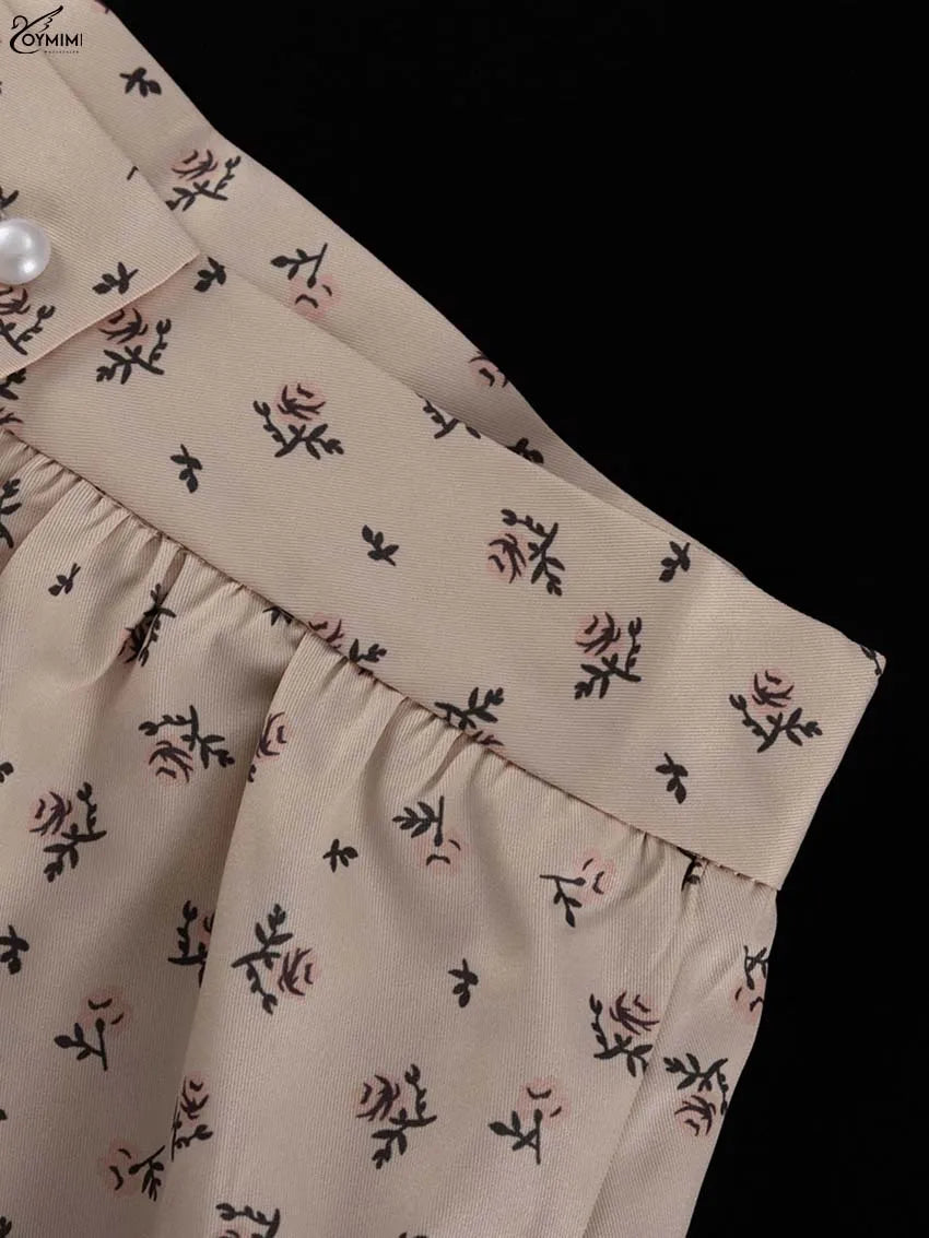 Oymimi Casual Apricot Print 2 Pieces Set For Woman Elegant Long Sleeve Button Ruffled Shirts And High Waist Side Slit Skirts Set