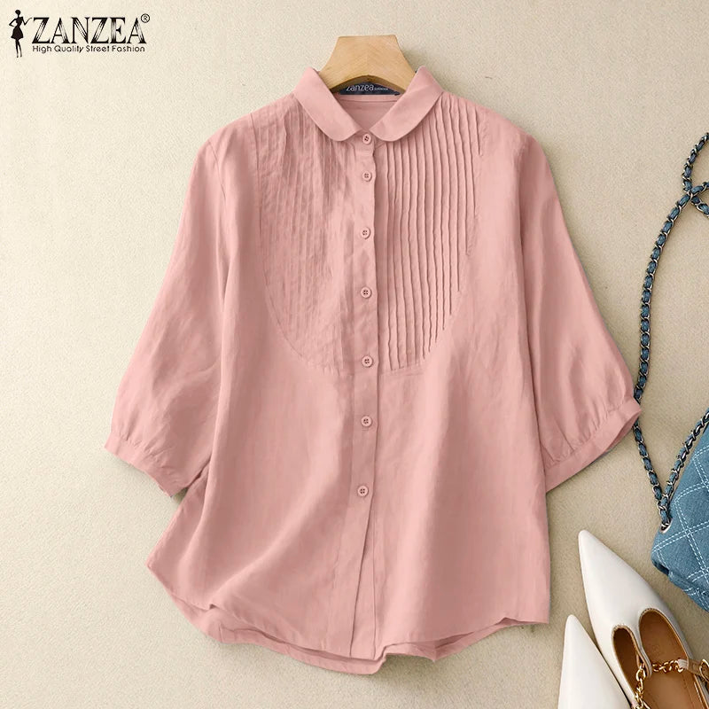 ZANZEA Women Vintage Pintuck Shirts Casual Turn-Down Collar Half Puff Sleeve Button Up Chemises Femme Street Fashion Solid Tops