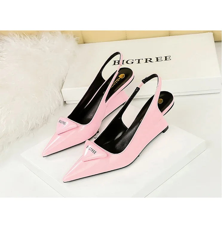 Patent Leather Wedge Heel Pumps With Back Strap for Women