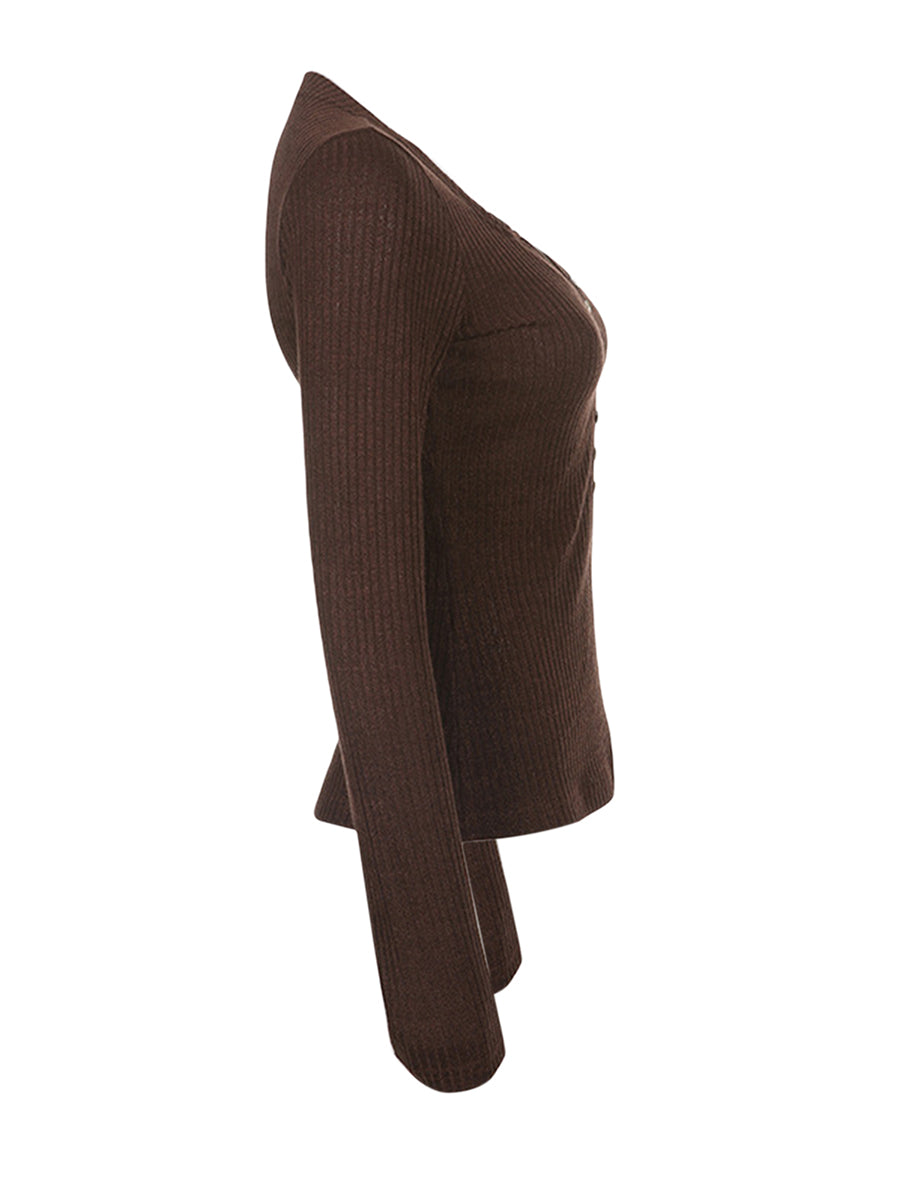 Button Front Lace Patchwork Slim Fit Knit Top for Women