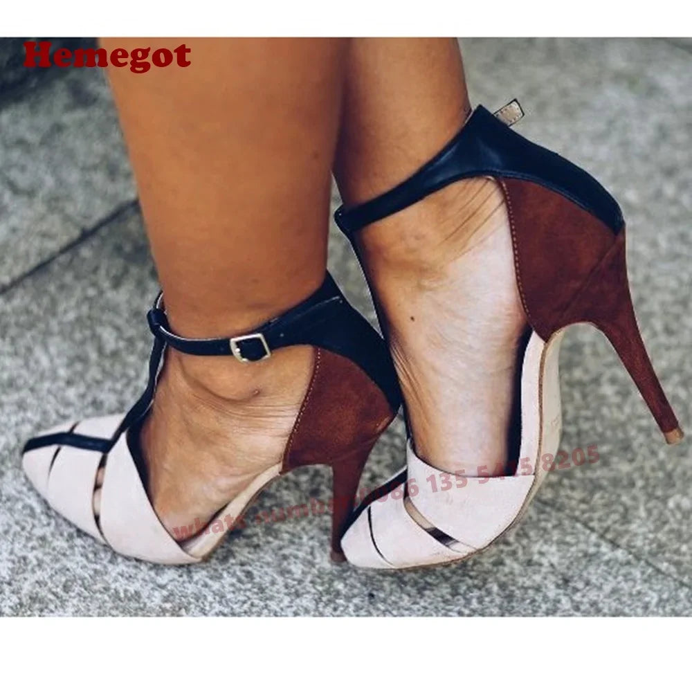 Round Toe T Strap Buckle Pumps With Cutout Suede for Women