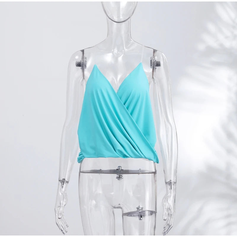 Loose Pleated Halter V Neck Backless Camisole Top for Women