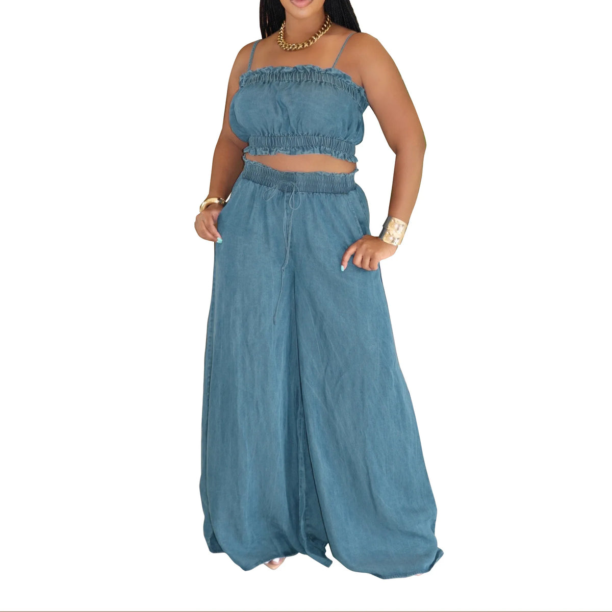 Ruched Spaghetti Strap Denim Two Piece Set for Women