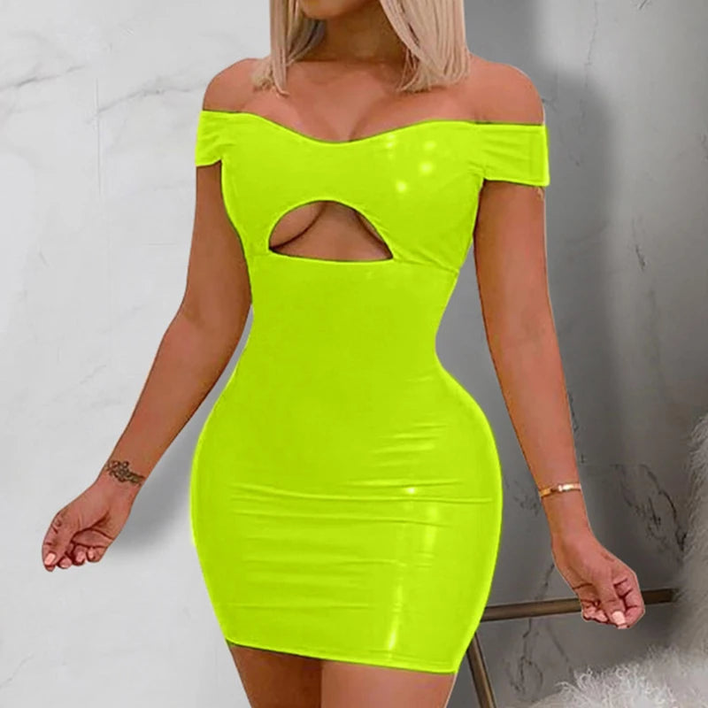 Off Shoulder Hollow Back Faux Leather Mini Dress for Women