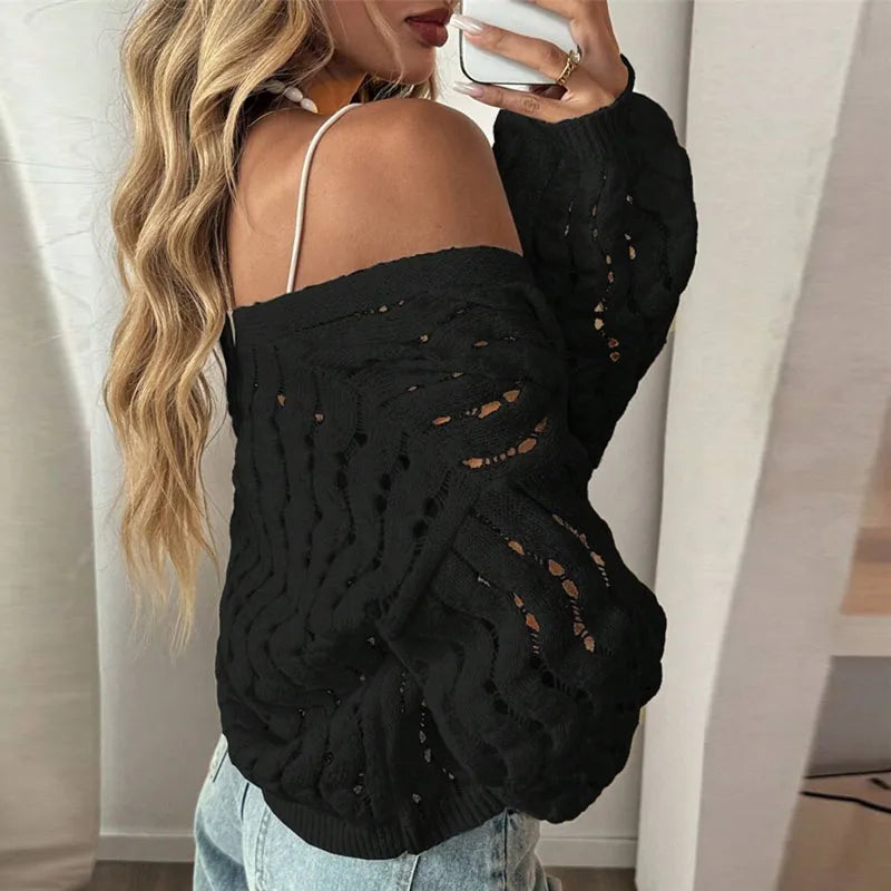 Fashion V Neck Single Breasted Crochet Jacket Woman Sexy Hollow Out Long Sleeve Knitted Sweater Casual Pure Soft Cardigan Jumper
