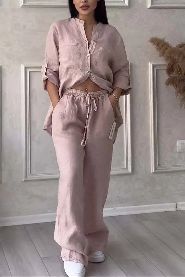 Loose Cotton Linen Shirt And Wide Leg Pants Set For Women