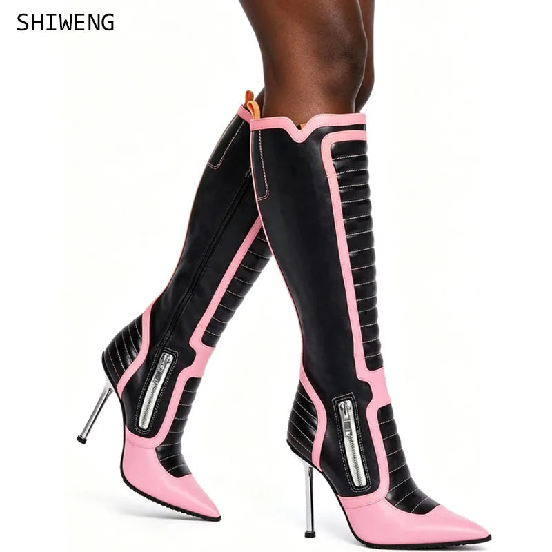 Women Black Pink Patchwork Knee High Boots Pointed Toe Stiletto Heel Zipper Up Fashion Moto Boots Party Clubwear Prom Shoes 44
