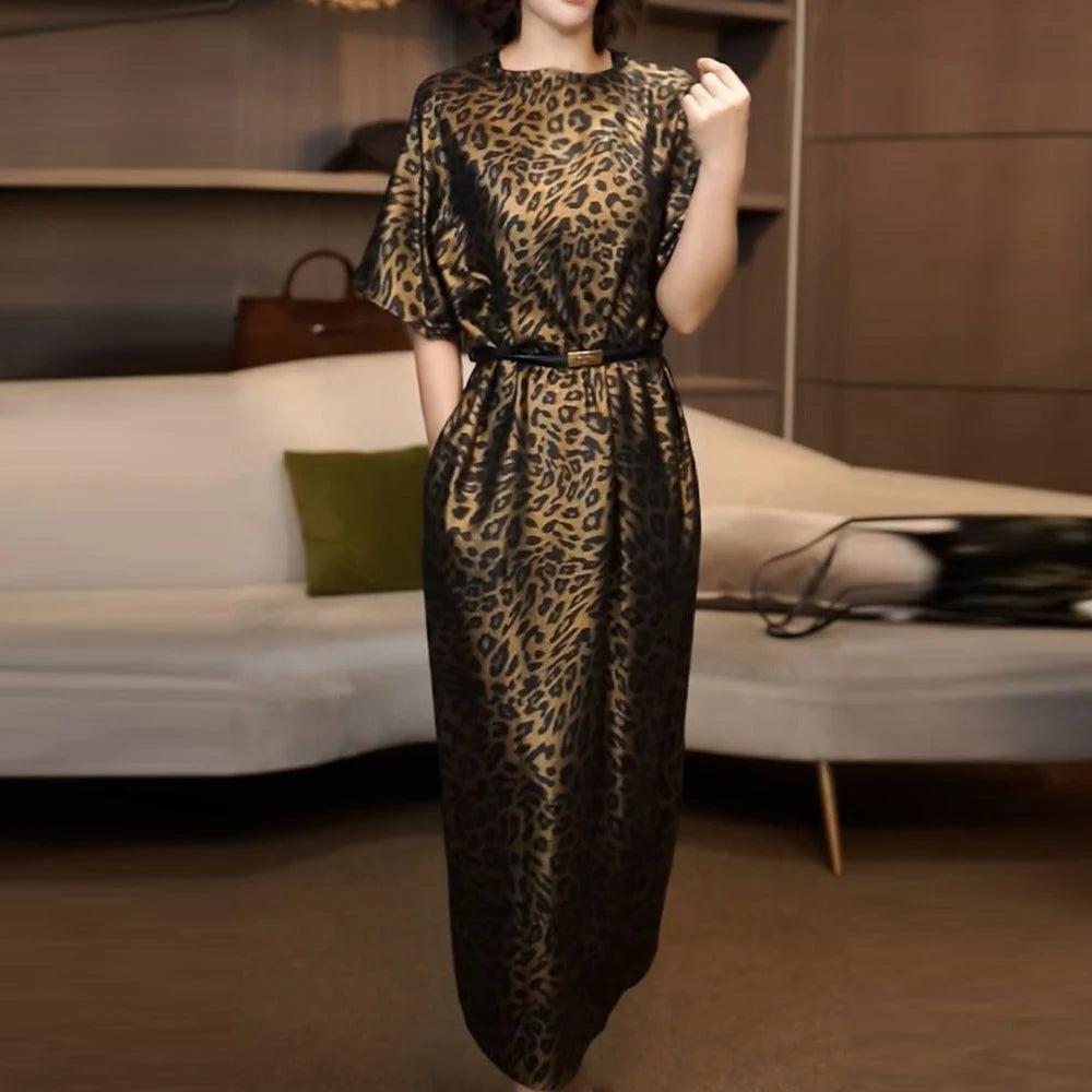 Lightweight Leopard Print V Neck Midi Dress For Women
