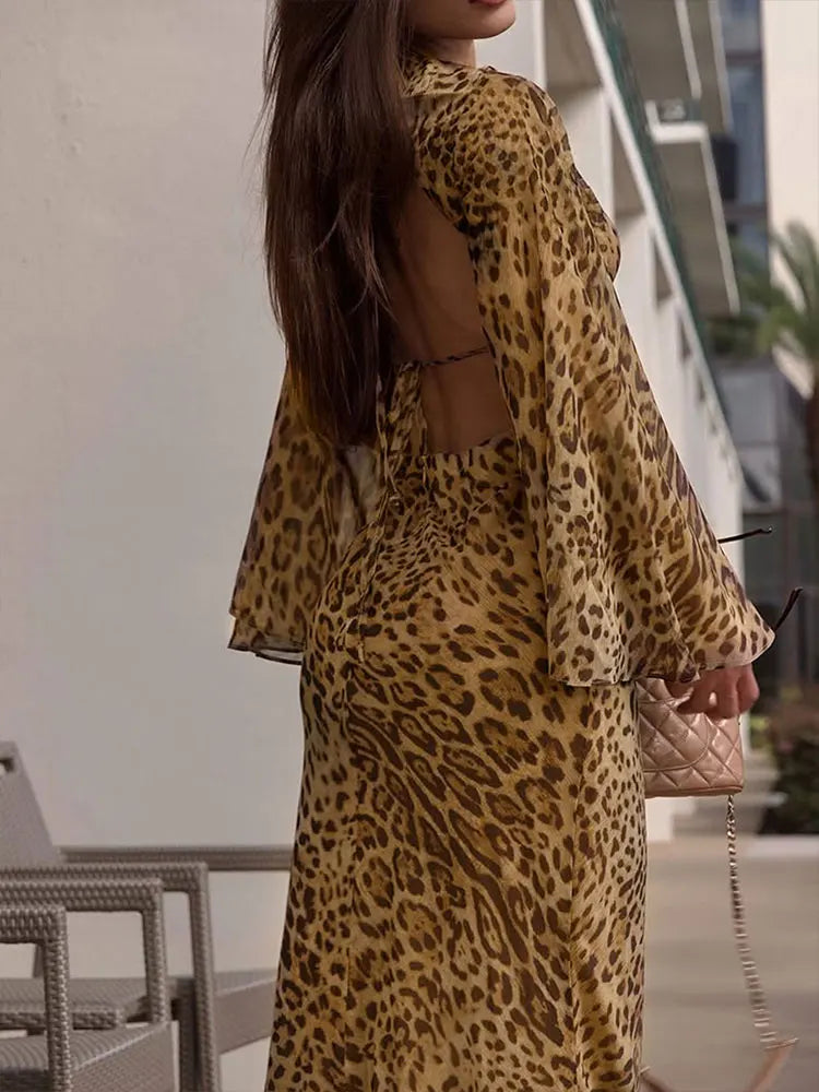 Autumn New Women's Dresses Fashion Leopard Print Casual Slim Long Sleeves Dress Sexy Hollow Out Backless V-neck Dresses Clothing