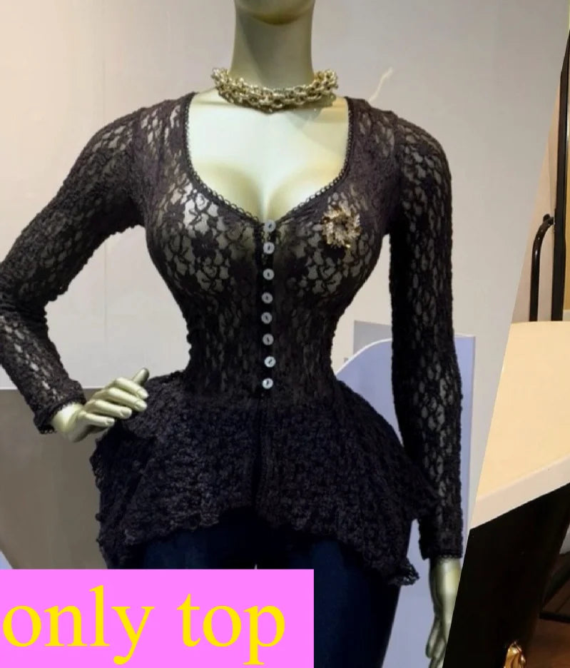 Floral Lace Sheer Button Up Peplum Blouse for Women