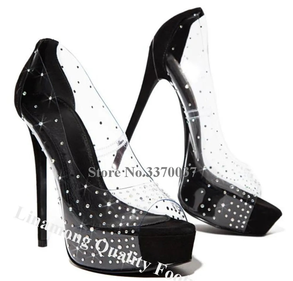 Elegant Peep Toe Platform Stiletto Pumps With Rhinestones For Women