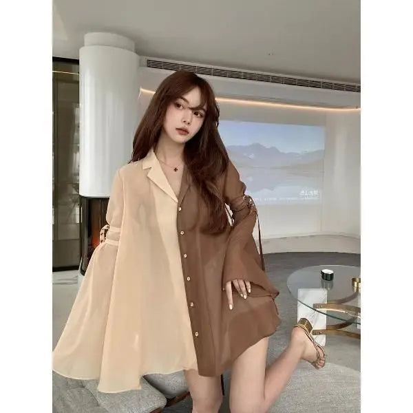 Vintage Contrast V-Neck Chiffon Blouse With Flared Sleeves for Women