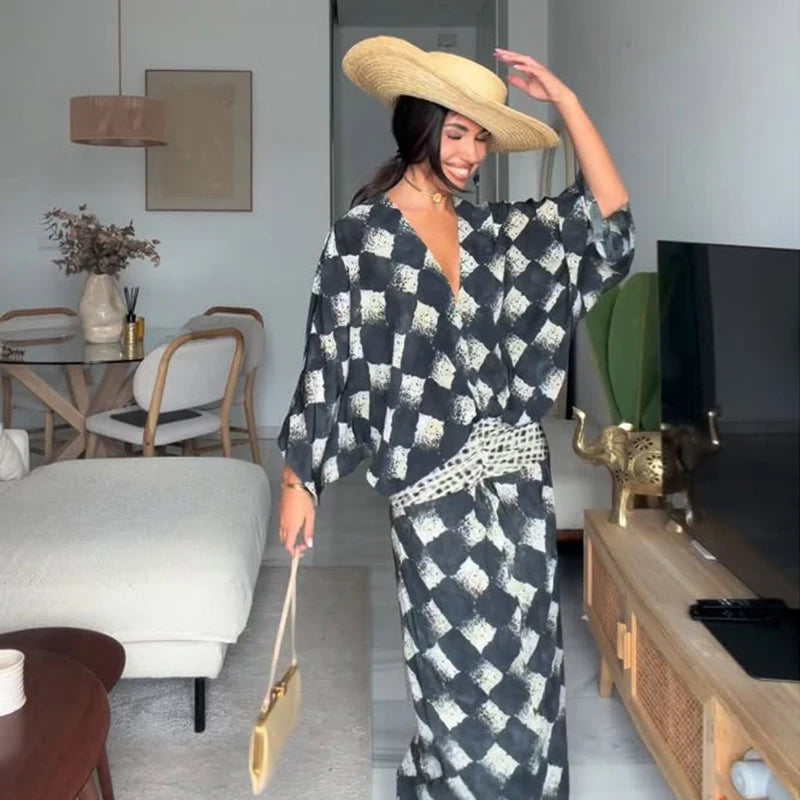 Casual Patchwork Print V Neck Maxi Dress for Women