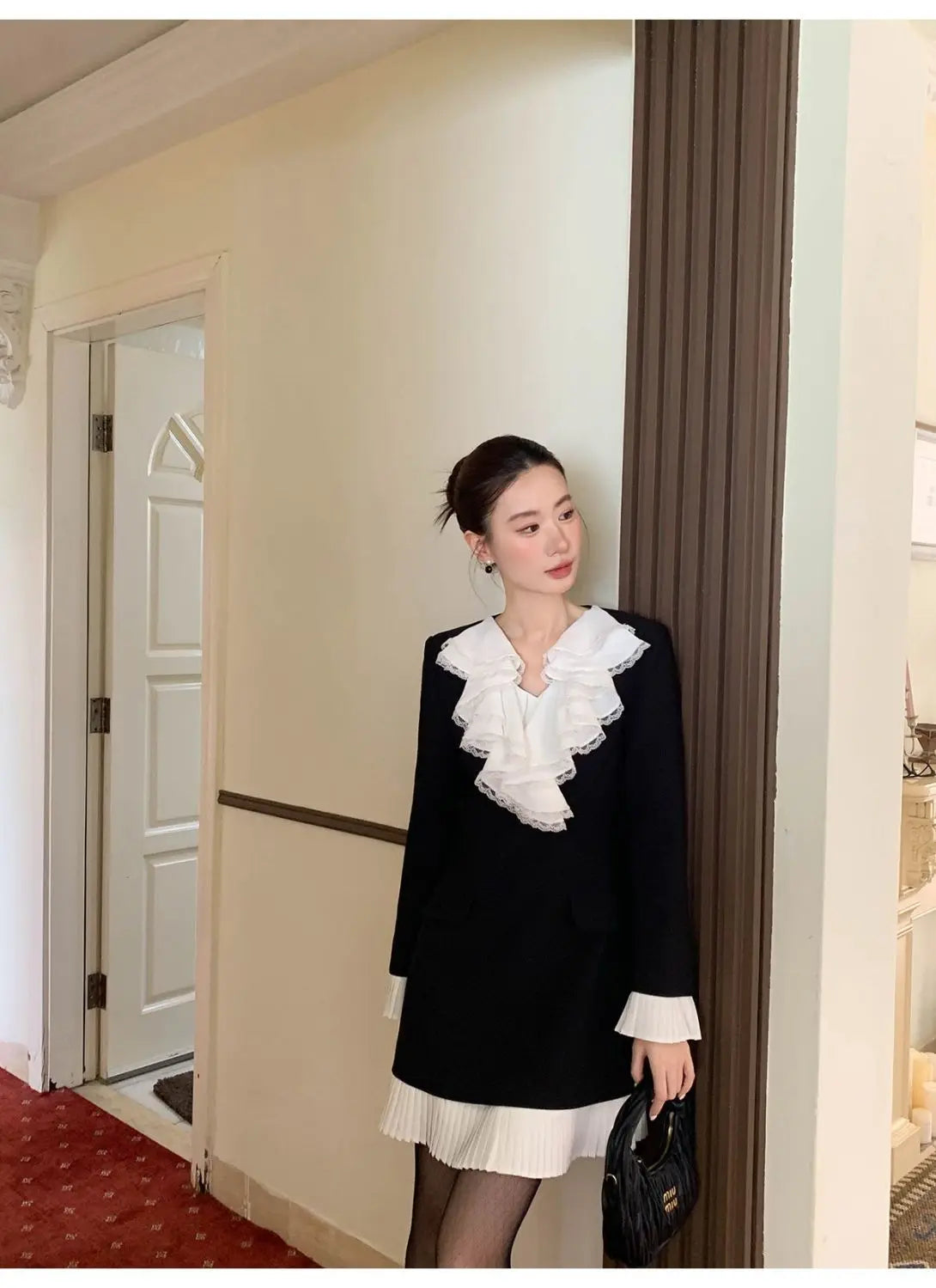 Cascading Ruffle Leaf Edge Collar Midi Dress for Women
