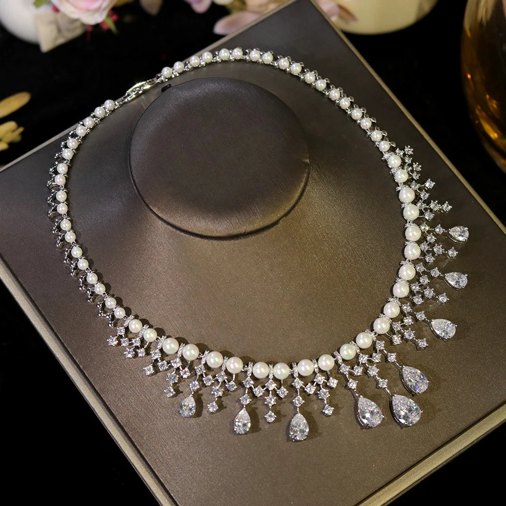 Cubic Zirconia Gold Pearl Bridal Jewelry Set for Women