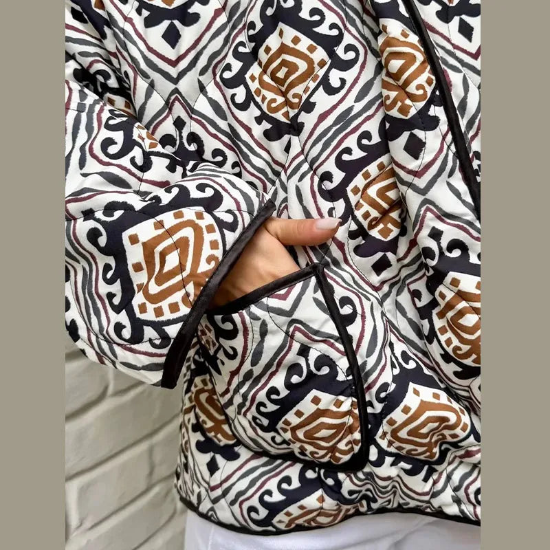 Printed Cotton Padded Winter Coat with V Neck for Women