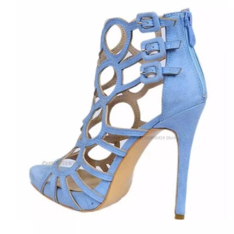 Blue Open Toe Hollow Back Zipper Stiletto Sandals for Women