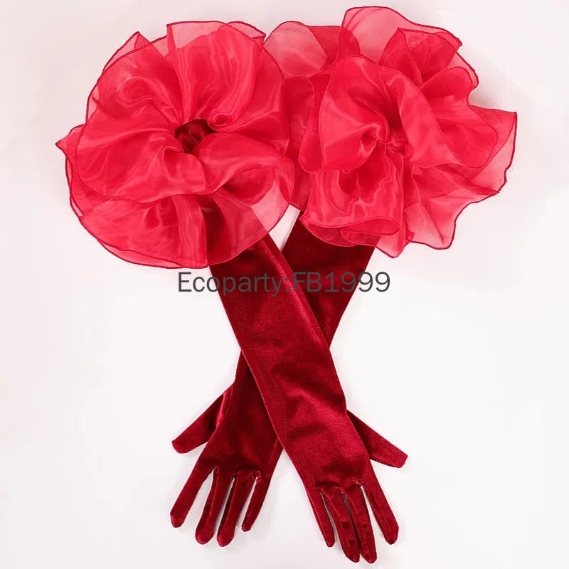 Elegant Velvet Elbow Length Ruffle Gloves for Women