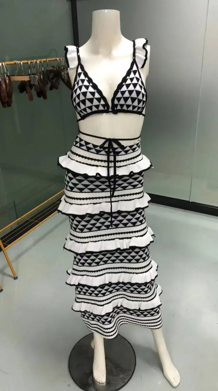 Black And White Striped Lace-Up Two-Piece Bikini for Women