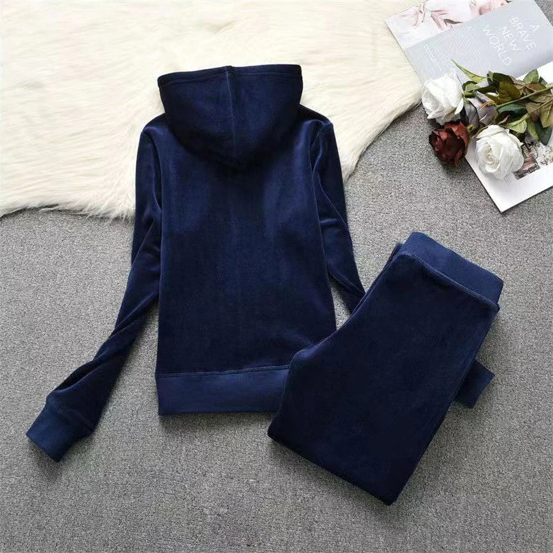 Soft Velvet Hooded Two Piece Tracksuit Set for Women