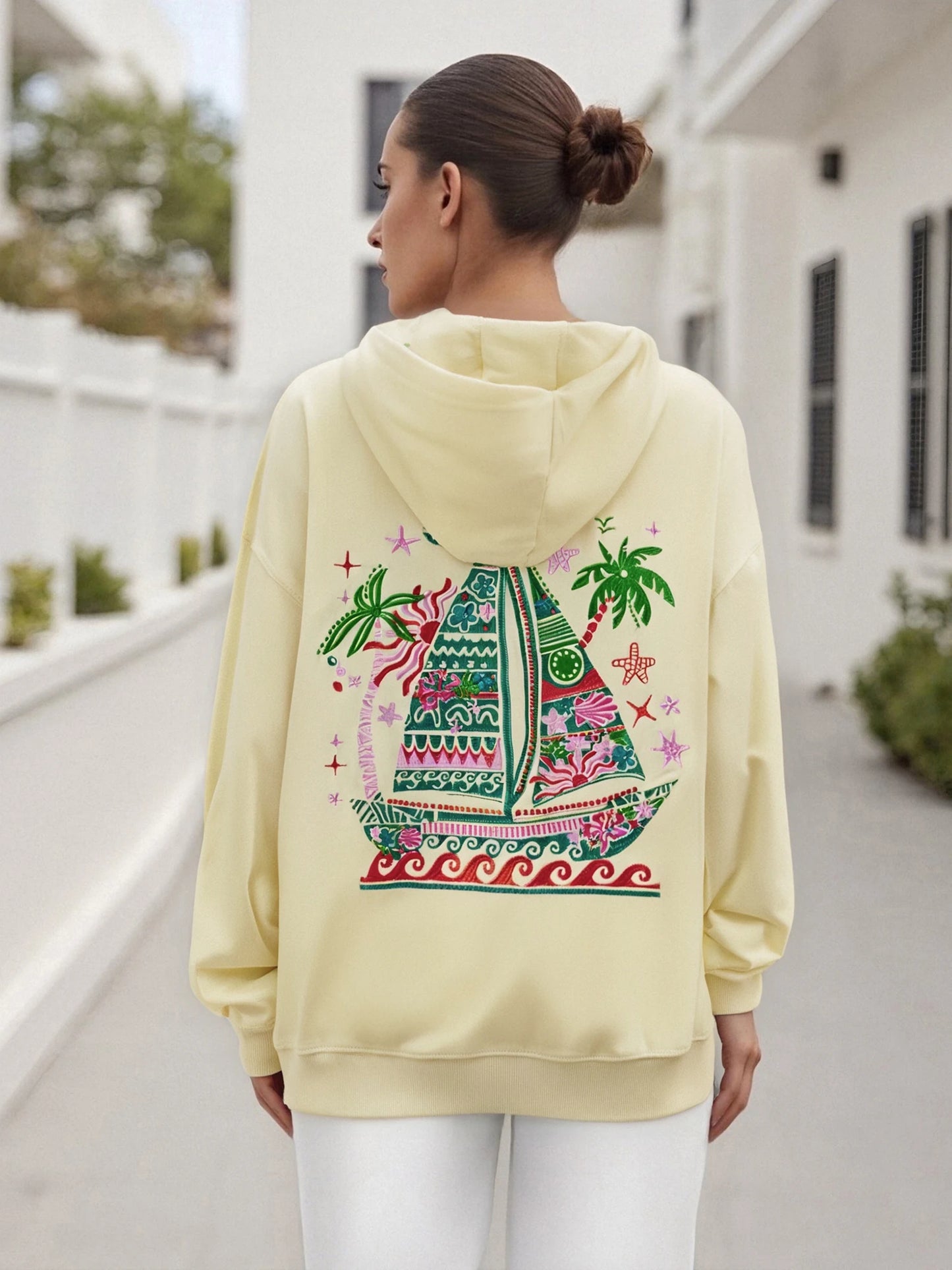 Women's Spring Autumn Hooded Sweatshirt Long Sleeve Pattern Embroidery Hoodie Pullover