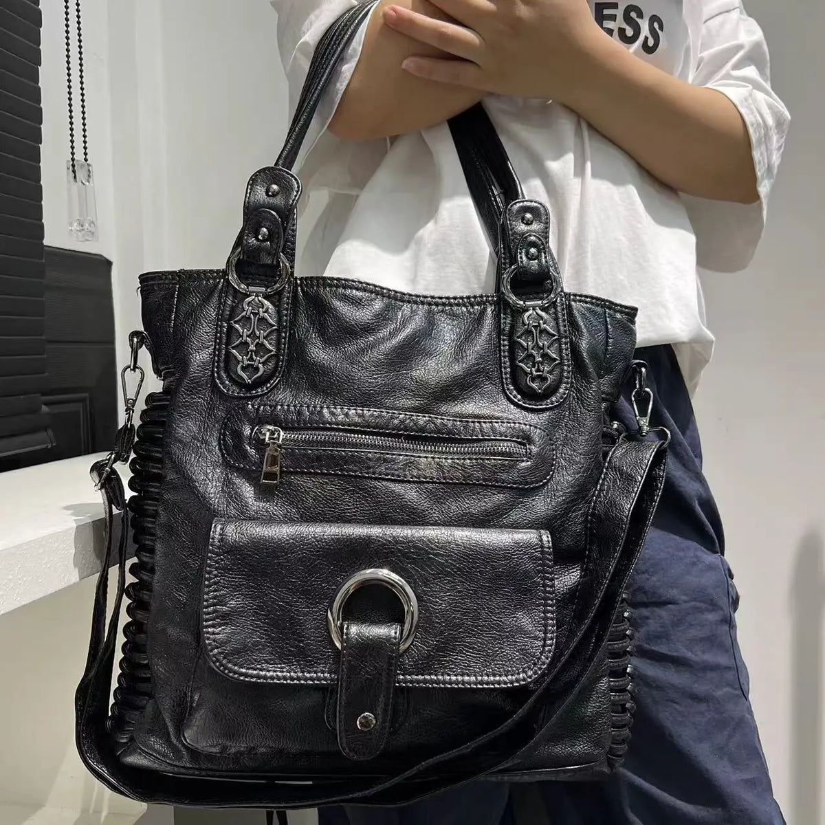 Distressed Vegan Leather Shoulder Tote Bag for Women