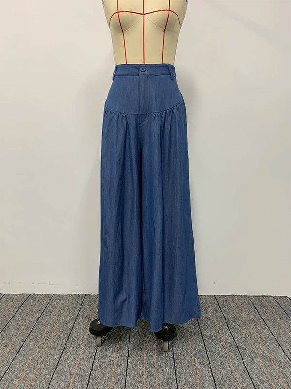 Women's Imitation Denim High Waist Wide Leg Palazzo Pants 2026 New Spring Fashion Pleated Casual Streetwear Y2K Style Trousers
