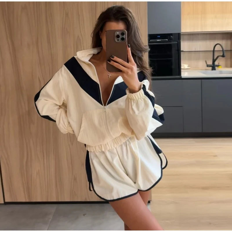 Color Block Zip Jacket and Shorts Tracksuit for Women