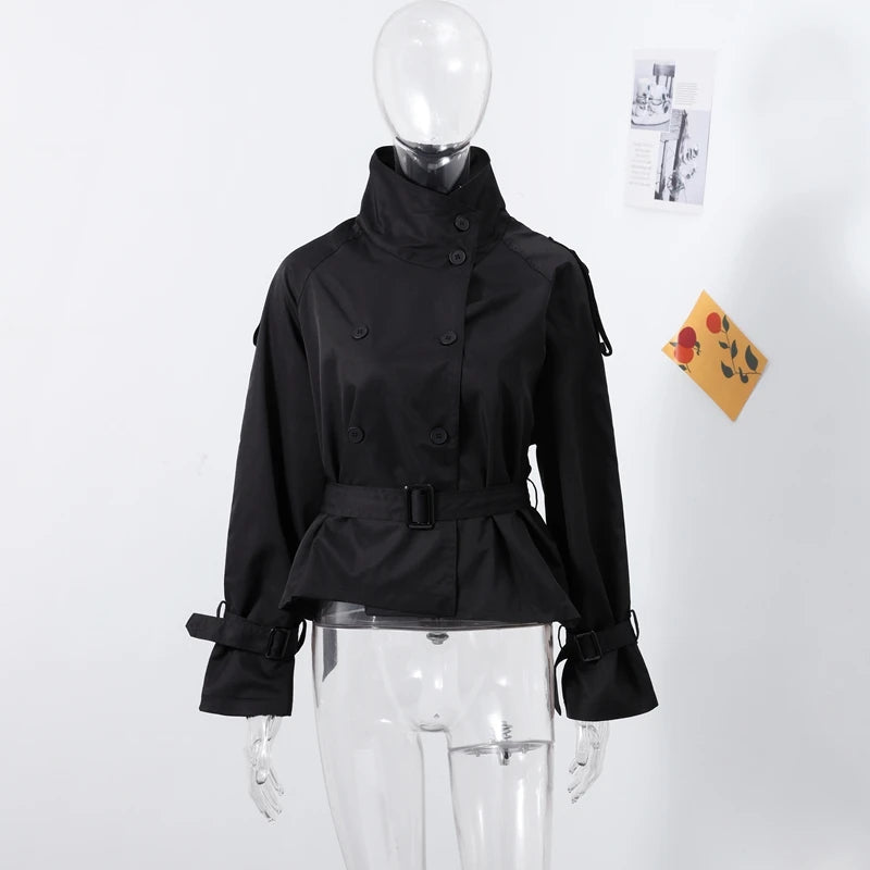 Chic Belt Women's Coat Elegant Stand Collar Full Sleeve Single Breasted  Female Jacket 2025 Autumn Fashion Commuter Windbreaker