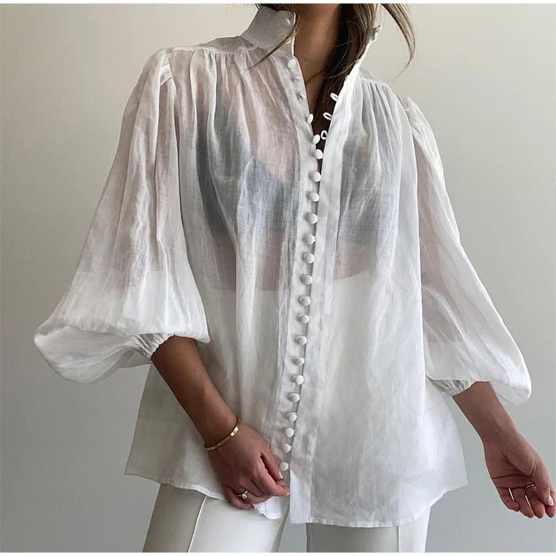 Elegant White Stand Collar Puff Sleeve Blouse for Women