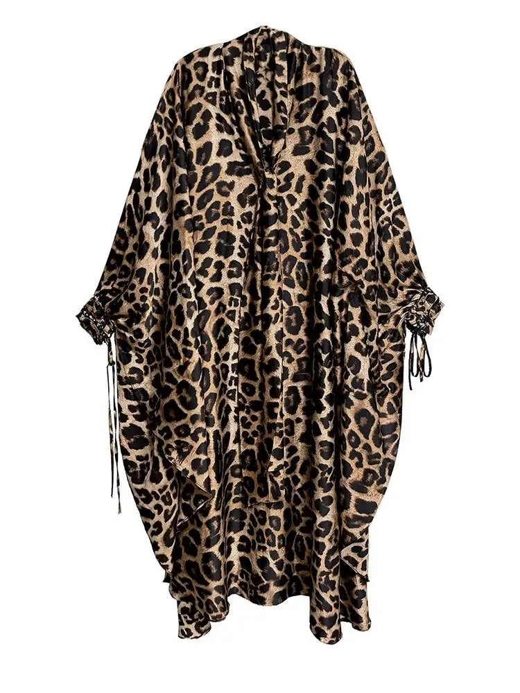 Leopard Print V-Neck Long Sleeve Midi Dress for Women