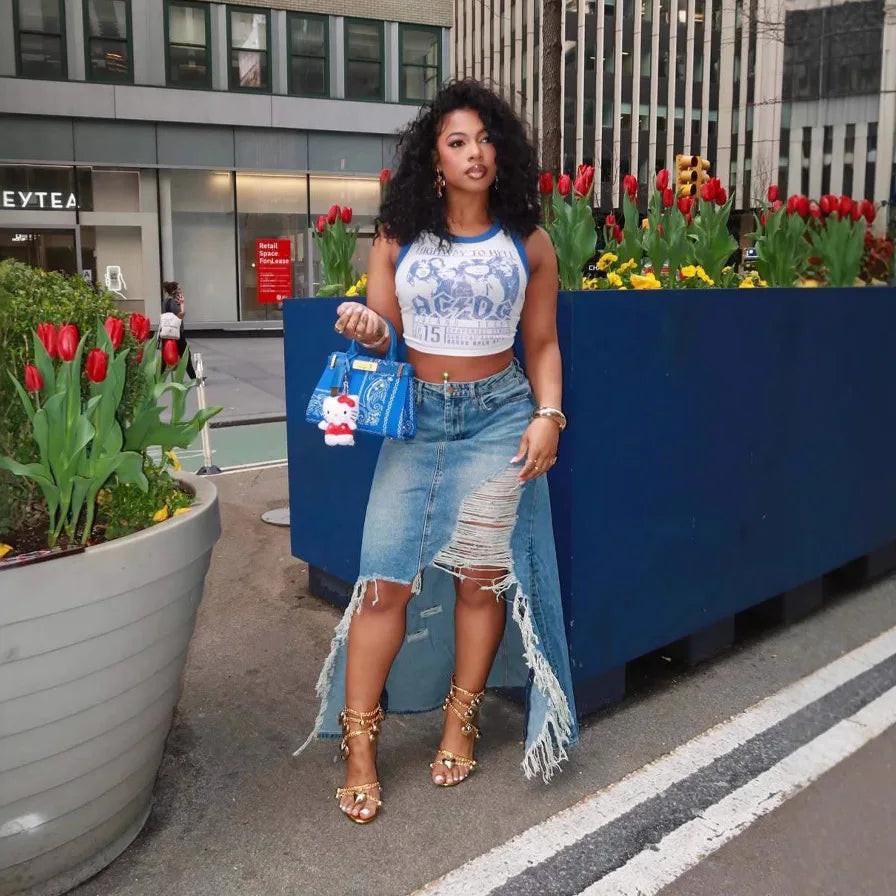 Distressed High Waist Denim Skirt With Irregular Hem For Women