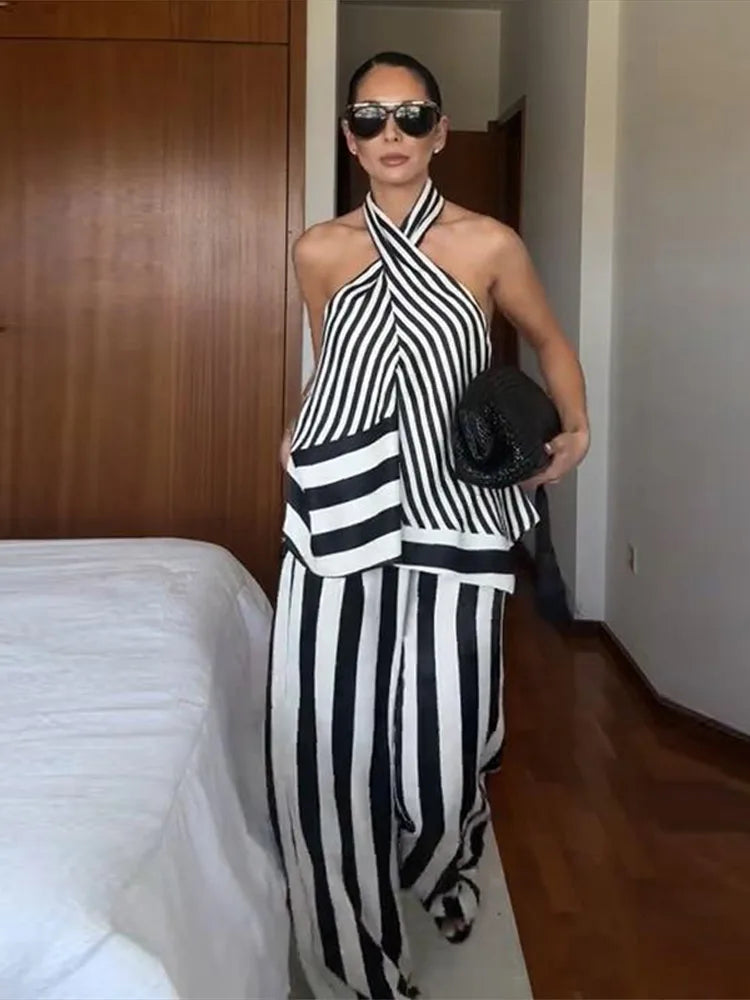 Striped Criss Cross Halter Two Piece Wide Leg Pants Set For Women