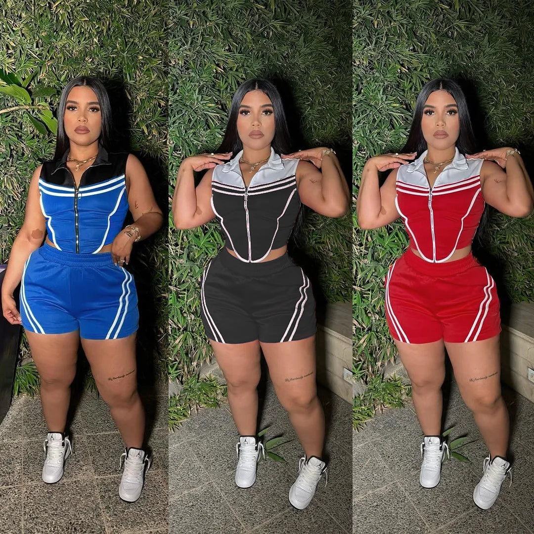 FAGADOER Casual Stripe Patchwork 2 Pieces Set for Woman Sleeveless Zipper Top and Pockets Shorts Outfits Female Sportywear New