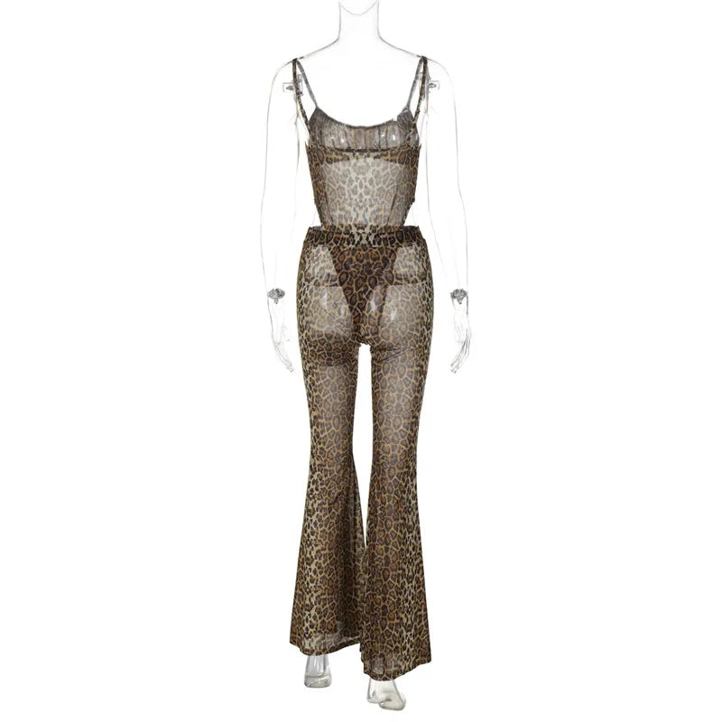 Leopard Mesh Bodysuit And Flare Pants Set for Women