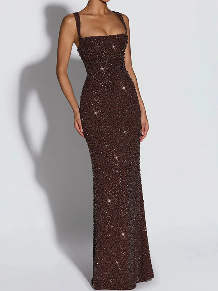 Elegant Sequined Backless Sleeveless Maxi Party Dress for Women