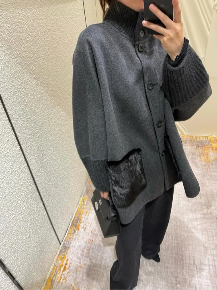 Loose Knit Fur Standup Collar Long Sleeve Pocket Cardigan for Women
