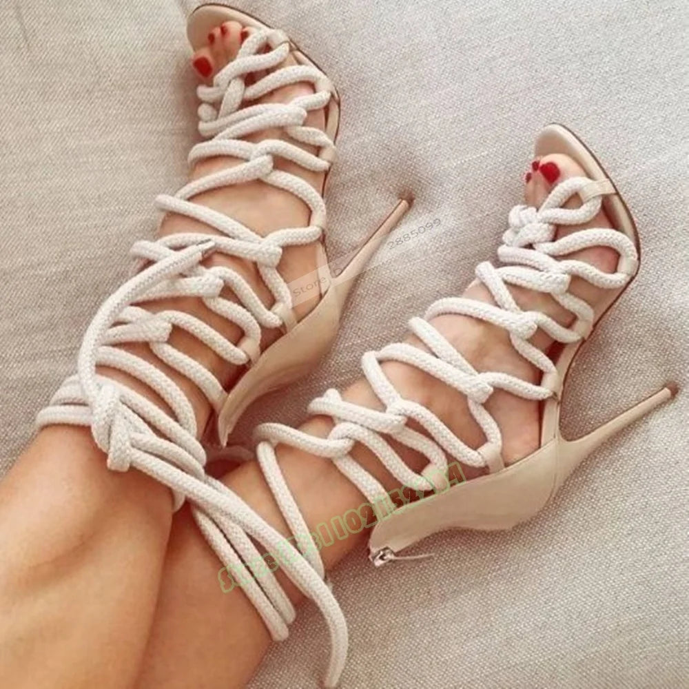 Lace Up Open Toe Stiletto Sandals With Cutouts for Women