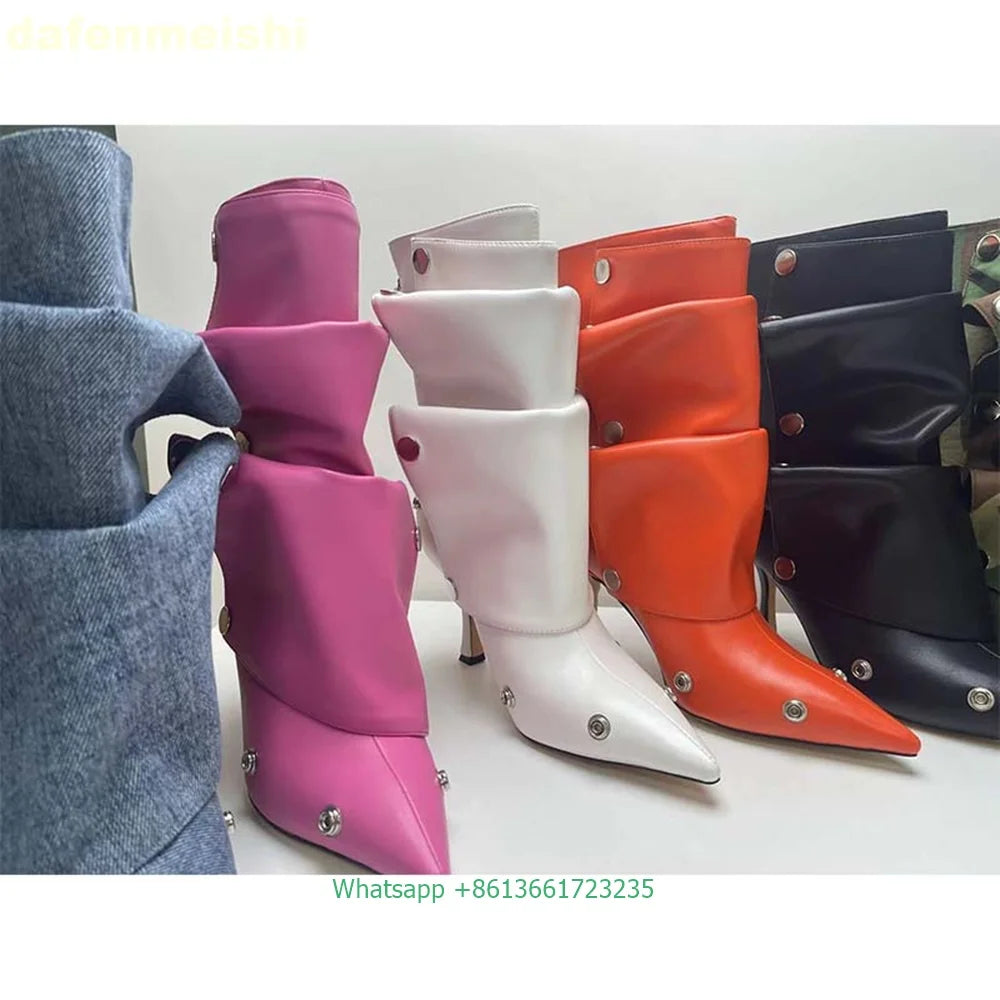 Pleated Stiletto Pointed Toe Leather Ankle Boots With Rivet Buckle For Women