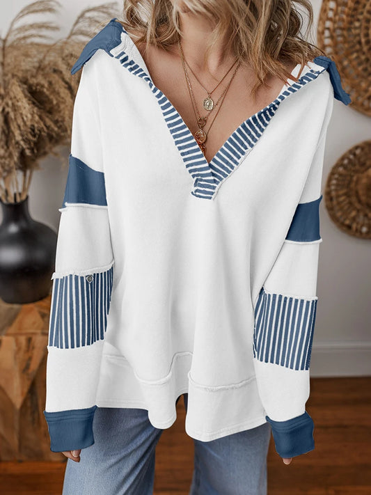 Women Holiday Long Sleeve Chic Pullovers, Spring Autumn Patchwork Fashion Hoodies, New Turn-Down Collar Simple Loose Ladies Tops