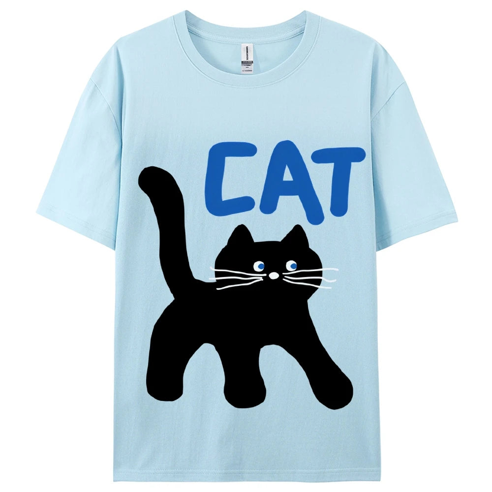 Women's Basic Crew Neck Tee Trendy Y2K Women's Short Sleeve Cartoon Cat Print Cute Aesthetic Cotton Casual T-Shirt