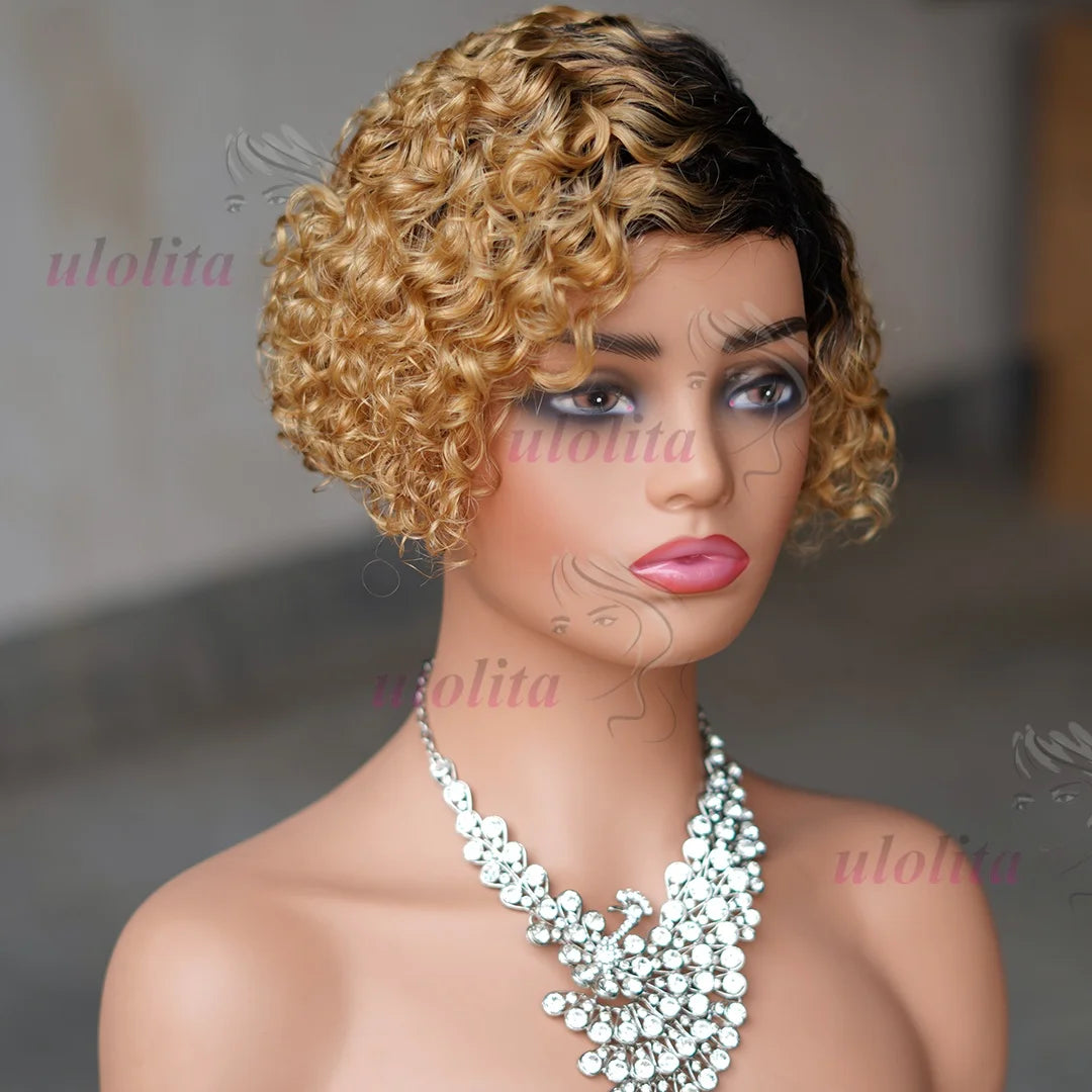 Ombre Pixie Cut Curly Bob Human Hair Wig for Women
