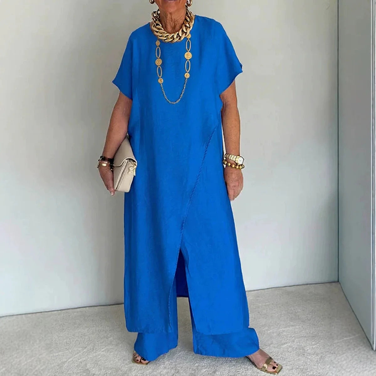 Casual Sleeveless Irregular Long Top Wide Leg Pants Two Piece Set for Women