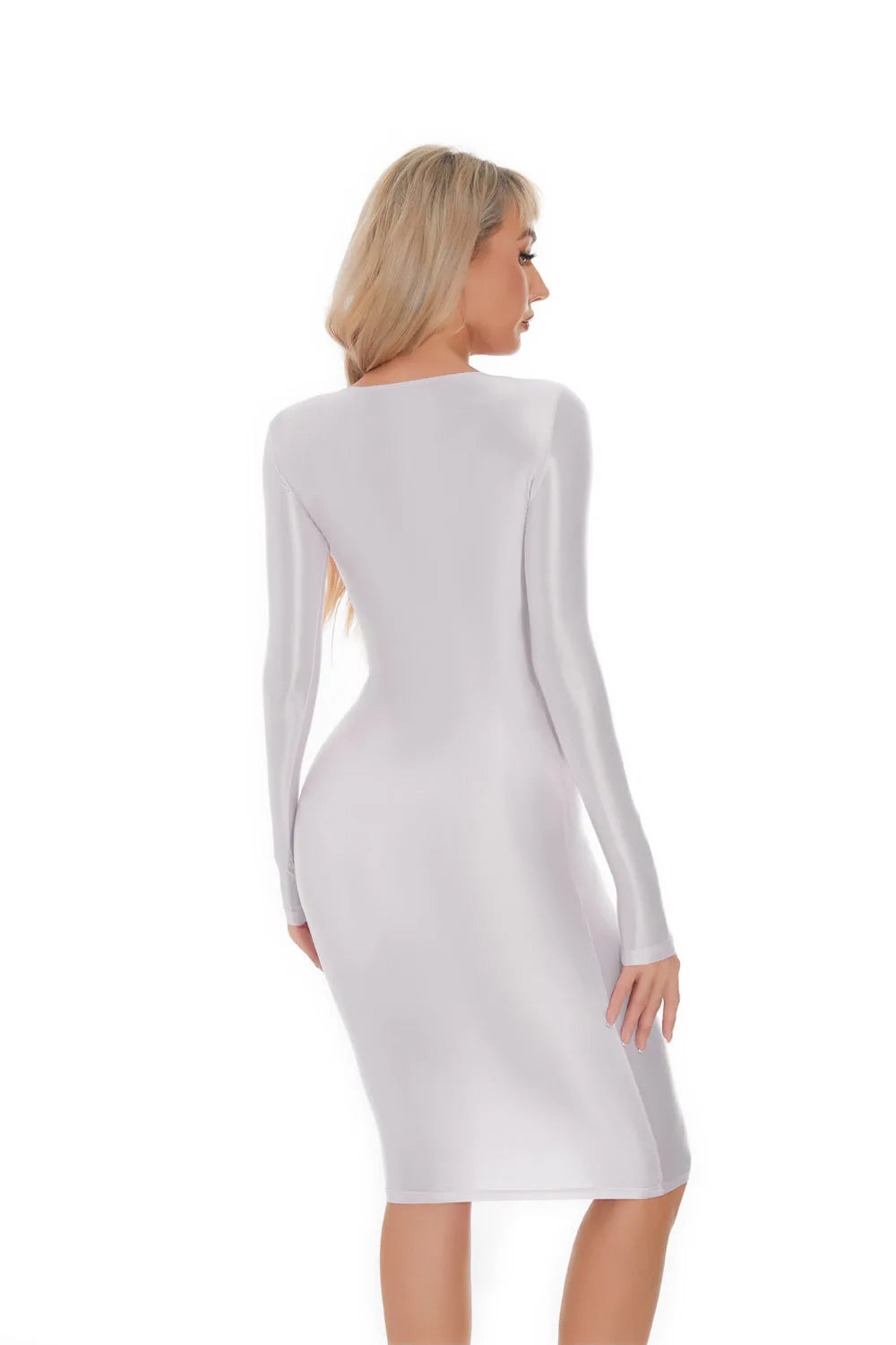 Shiny Long Sleeve Fitted Bodycon Midi Dress for Women
