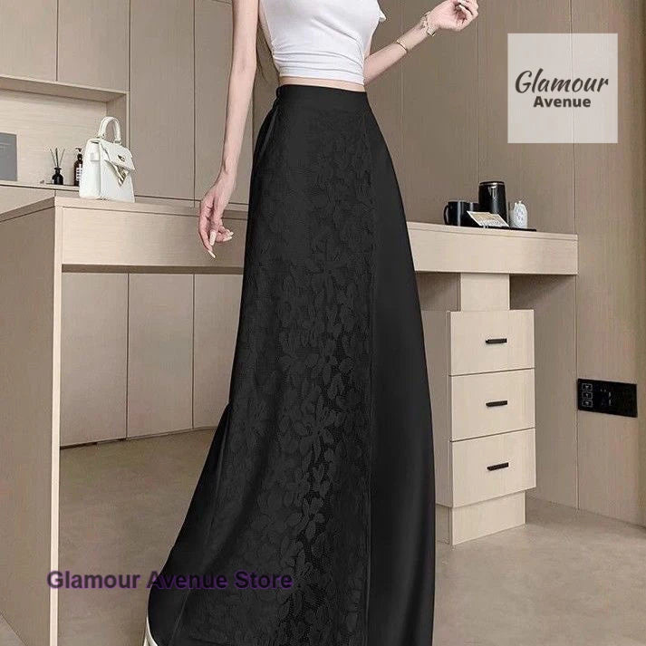 French style lace stitching high waist wide-leg pants women's summer thin fashion fake two pieces of casual Joker long pants.