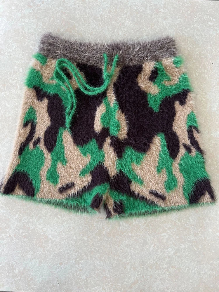 Fuzzy Camo High Waist Drawstring Shorts for Women