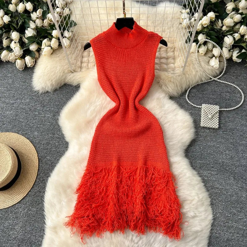 Elegant Round Neck Sleeveless Tassel Hem Bodycon Mini Knitted Dress for Women