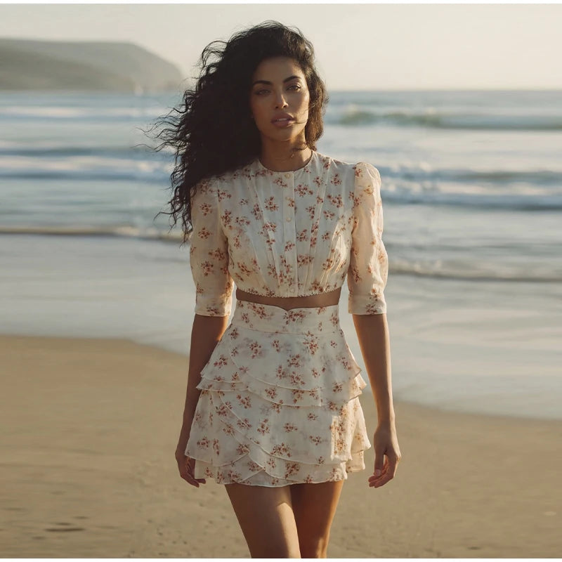 Floral Print Slim Top and Ruffle Skirt Set for Women
